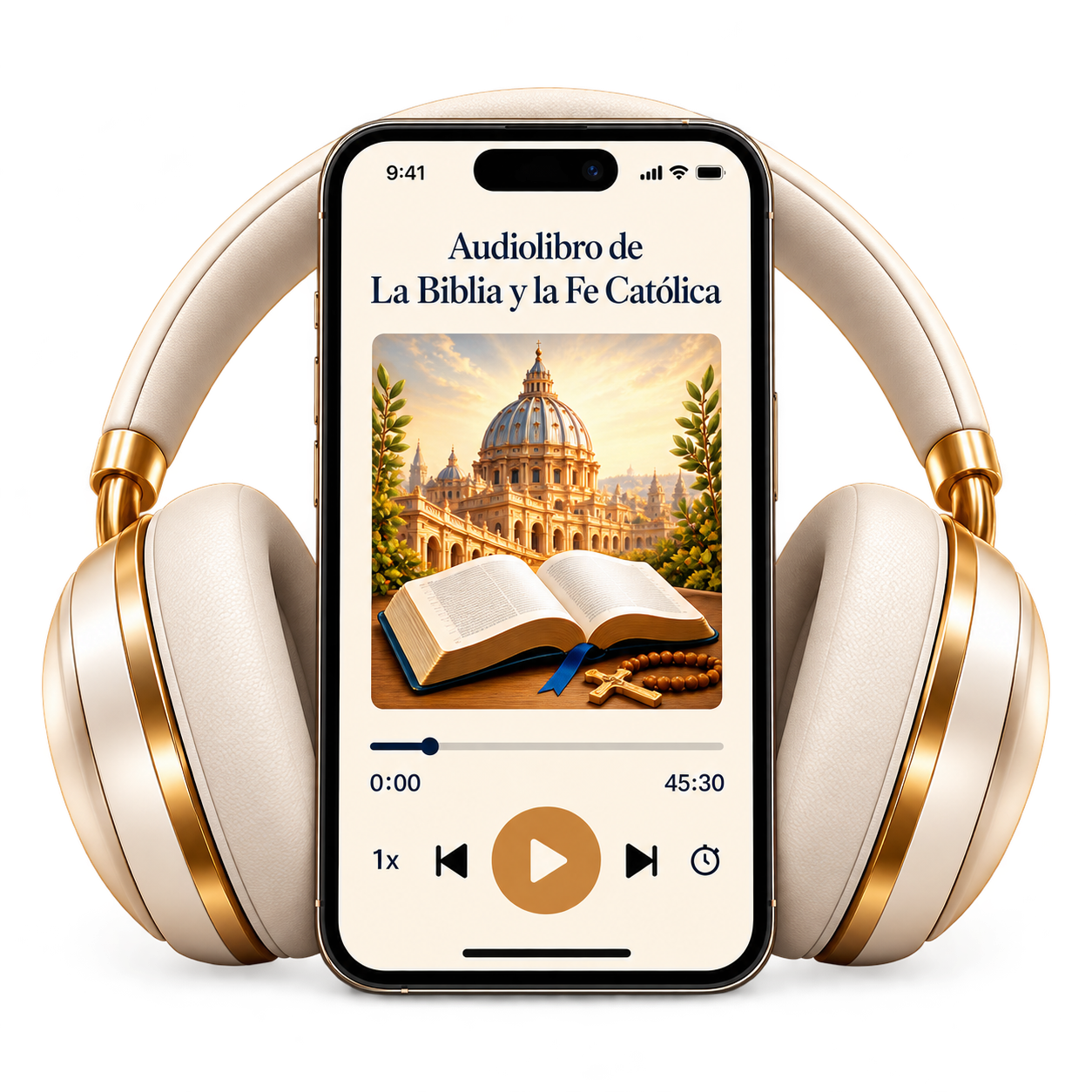 Audiolibro de La Biblia y La Fe Católica: teléfono con audífonos